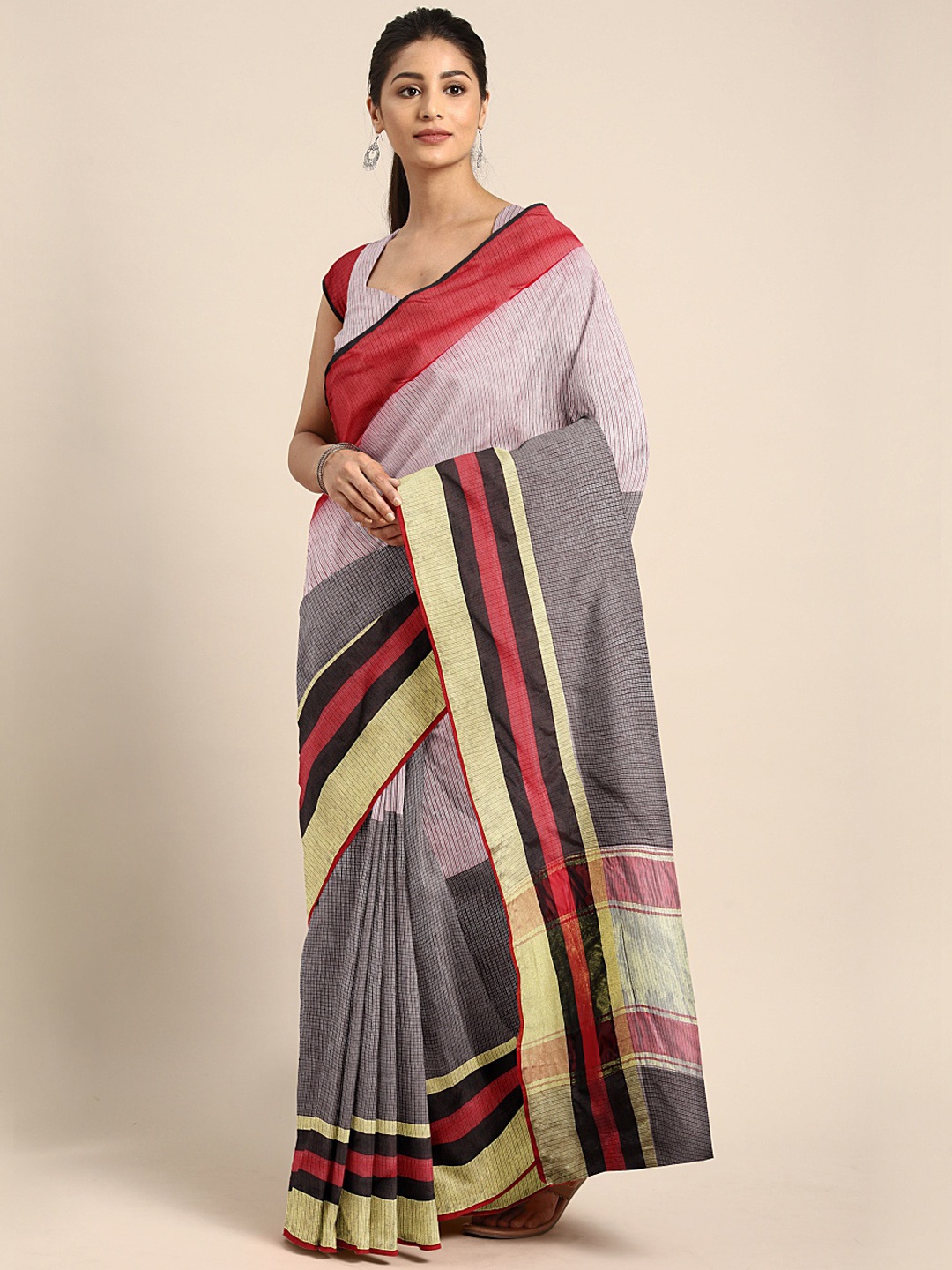 

KALINI Pink & Coffee Brown Colourblocked Kota Saree