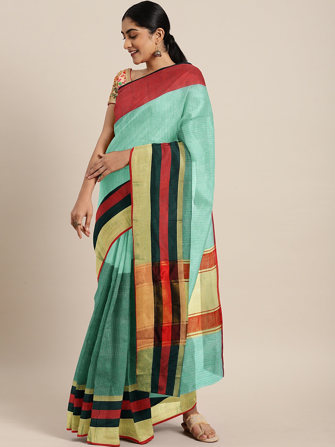 

KALINI Sea Green & Maroon Cotton Blend Striped Kota Saree