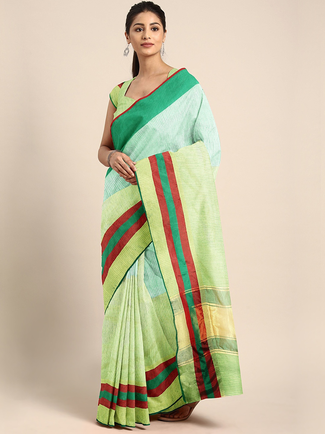 

KALINI Green & Turquoise Blue Cotton Blend Colourblocked Kota Saree