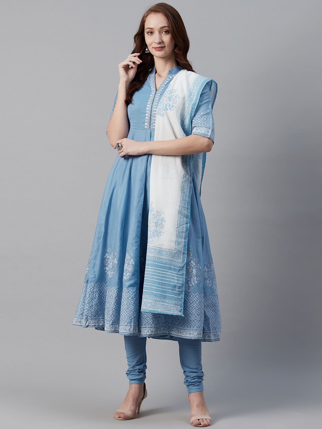 

Biba Women Blue & White Printed Kurta with Churidar & Dupatta