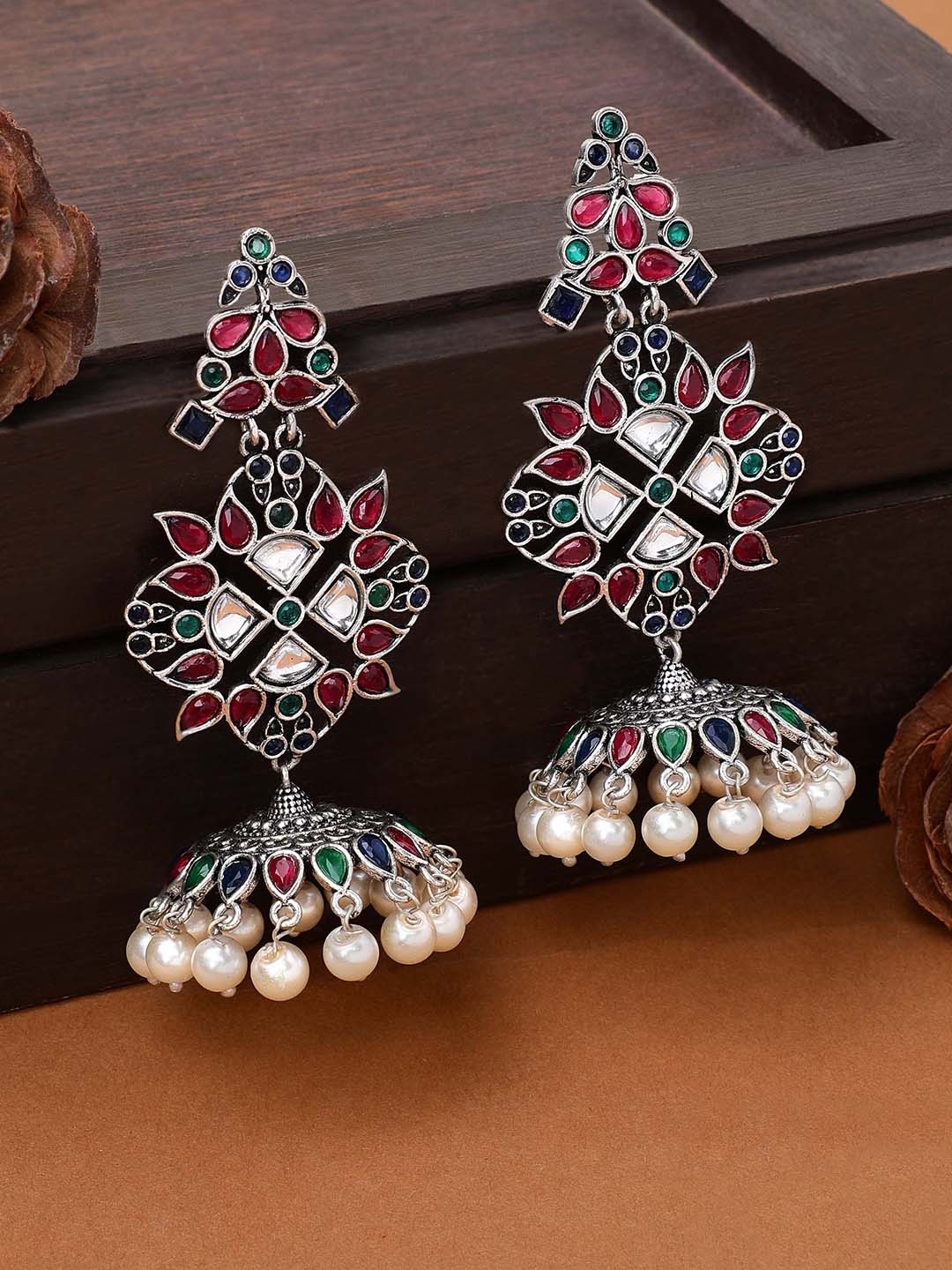 

Rubans Silver-Plated Oxidised Handcrafted Classic Jhumkas