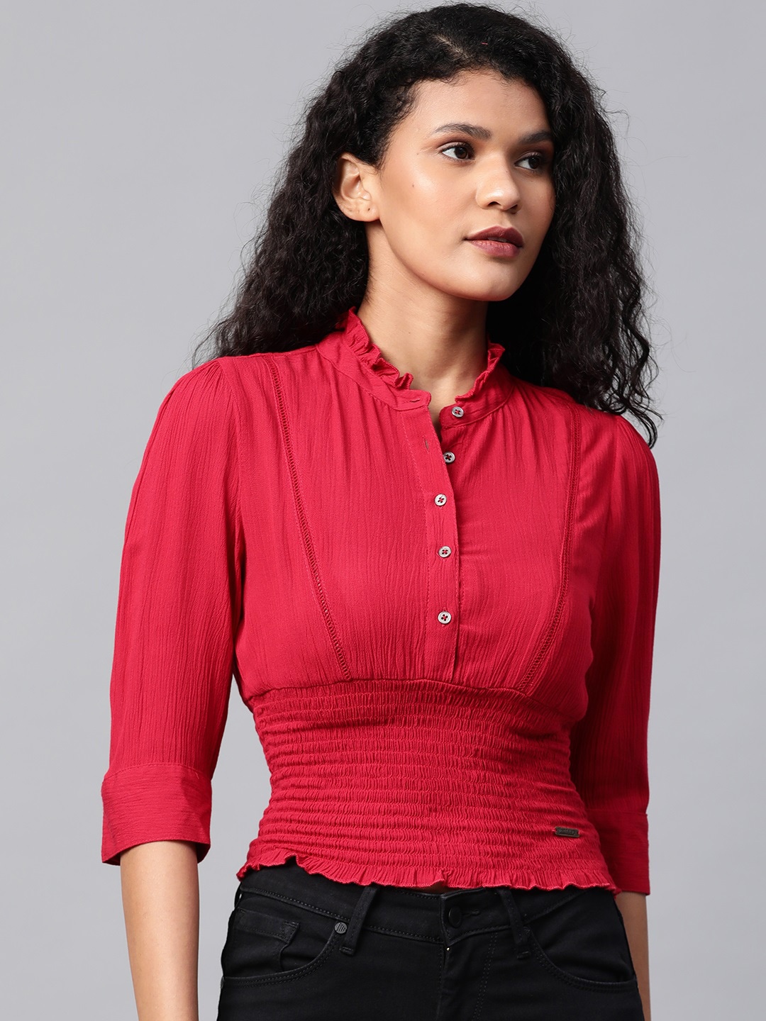 

Roadster Women Red Solid Smocked Waist Top