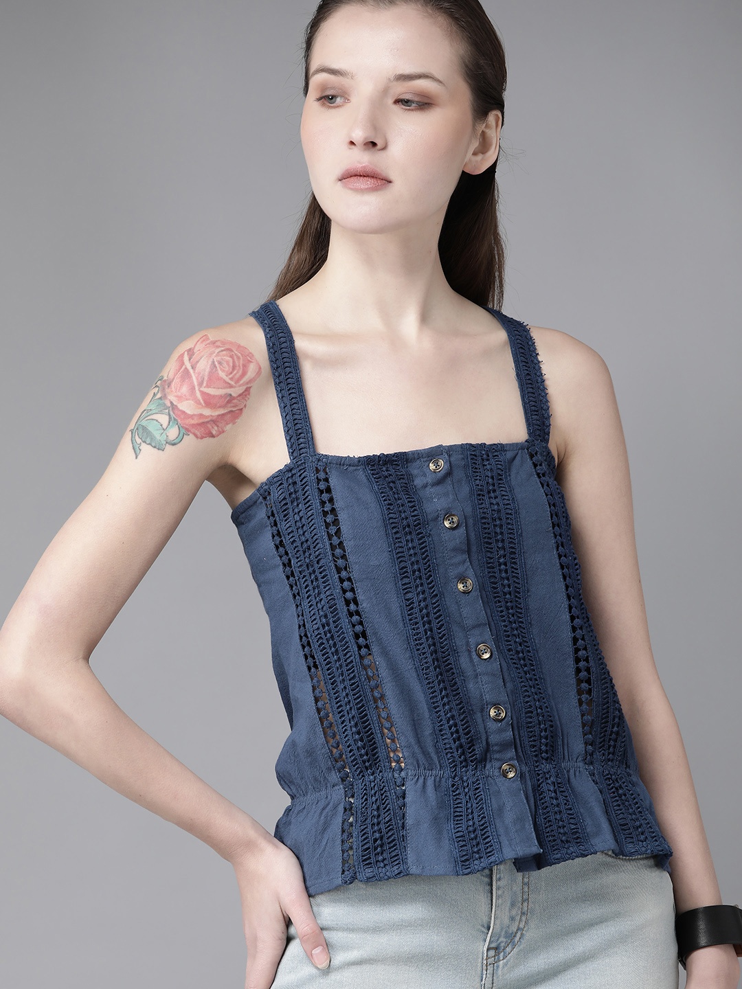 

Roadster Women Blue Crochet Top