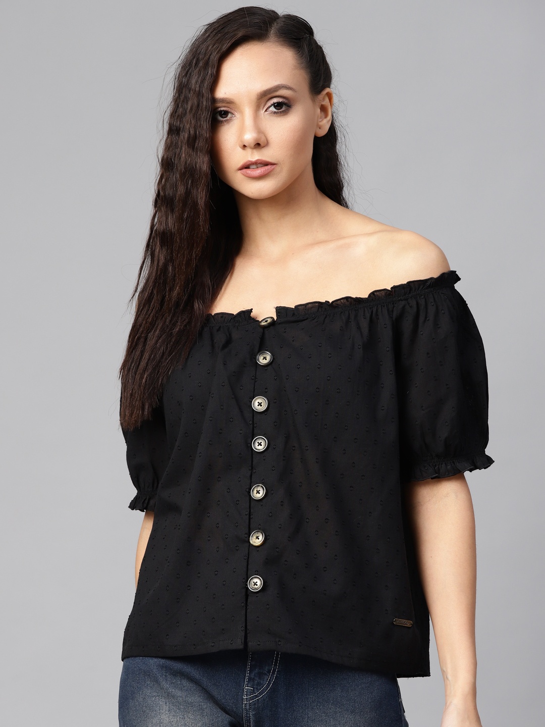 

Roadster Women Black Dobby Weave Self Design Bardot Top