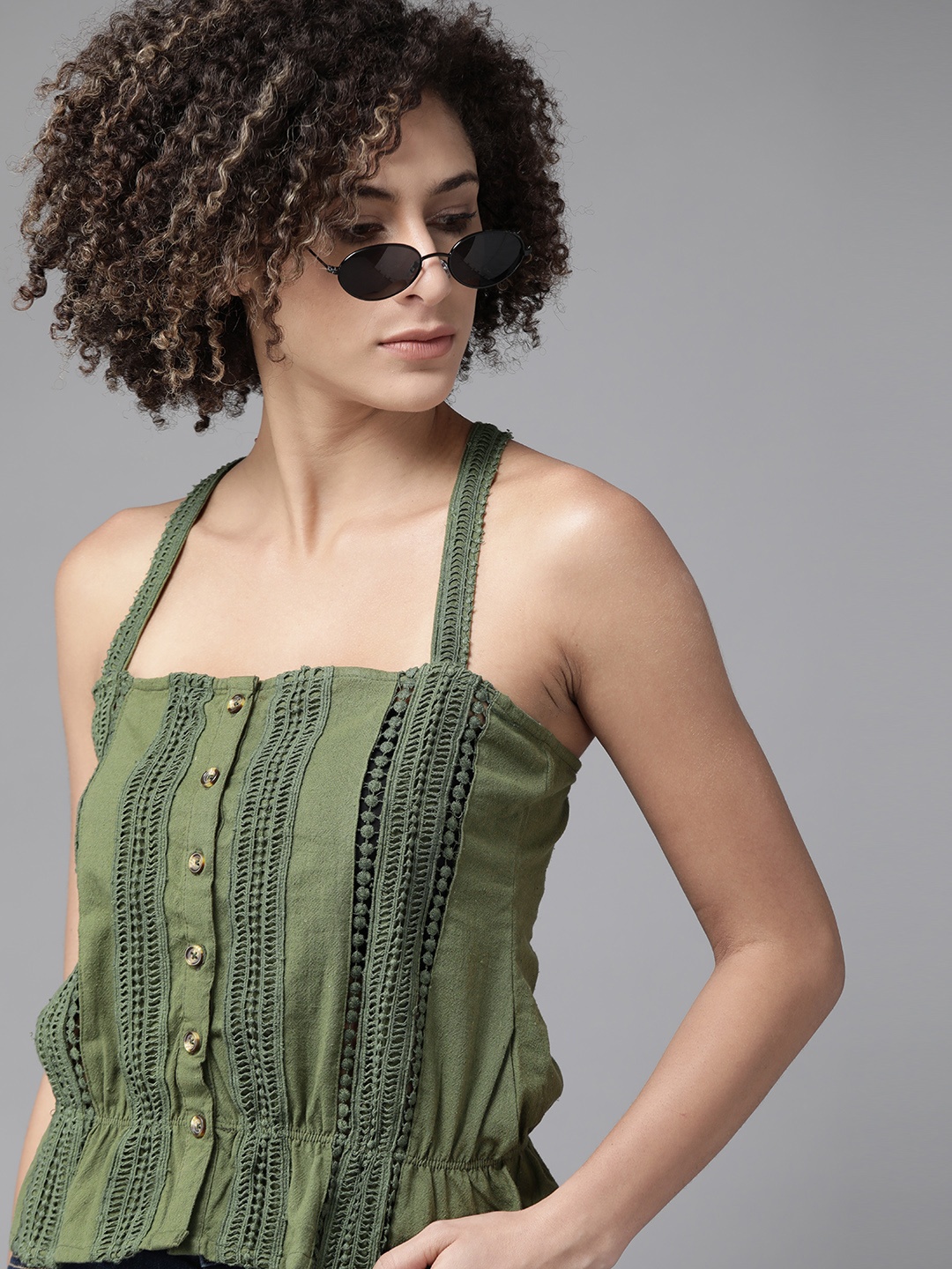 

Roadster Women Olive Green Crochet Pure Cotton Top