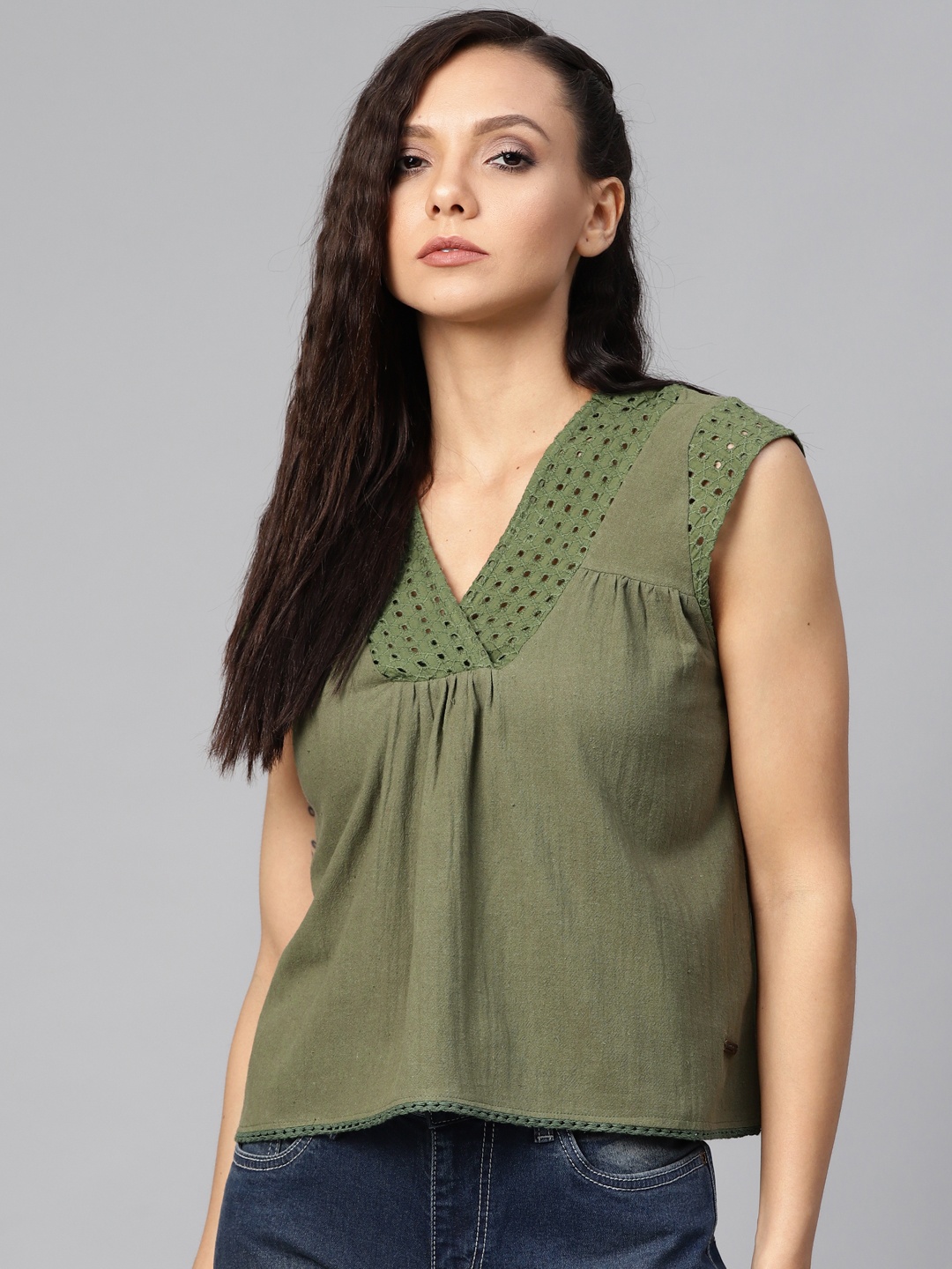 

Roadster Women Olive Green Lace Up Solid Schiffli Embroidered Pure Cotton Top