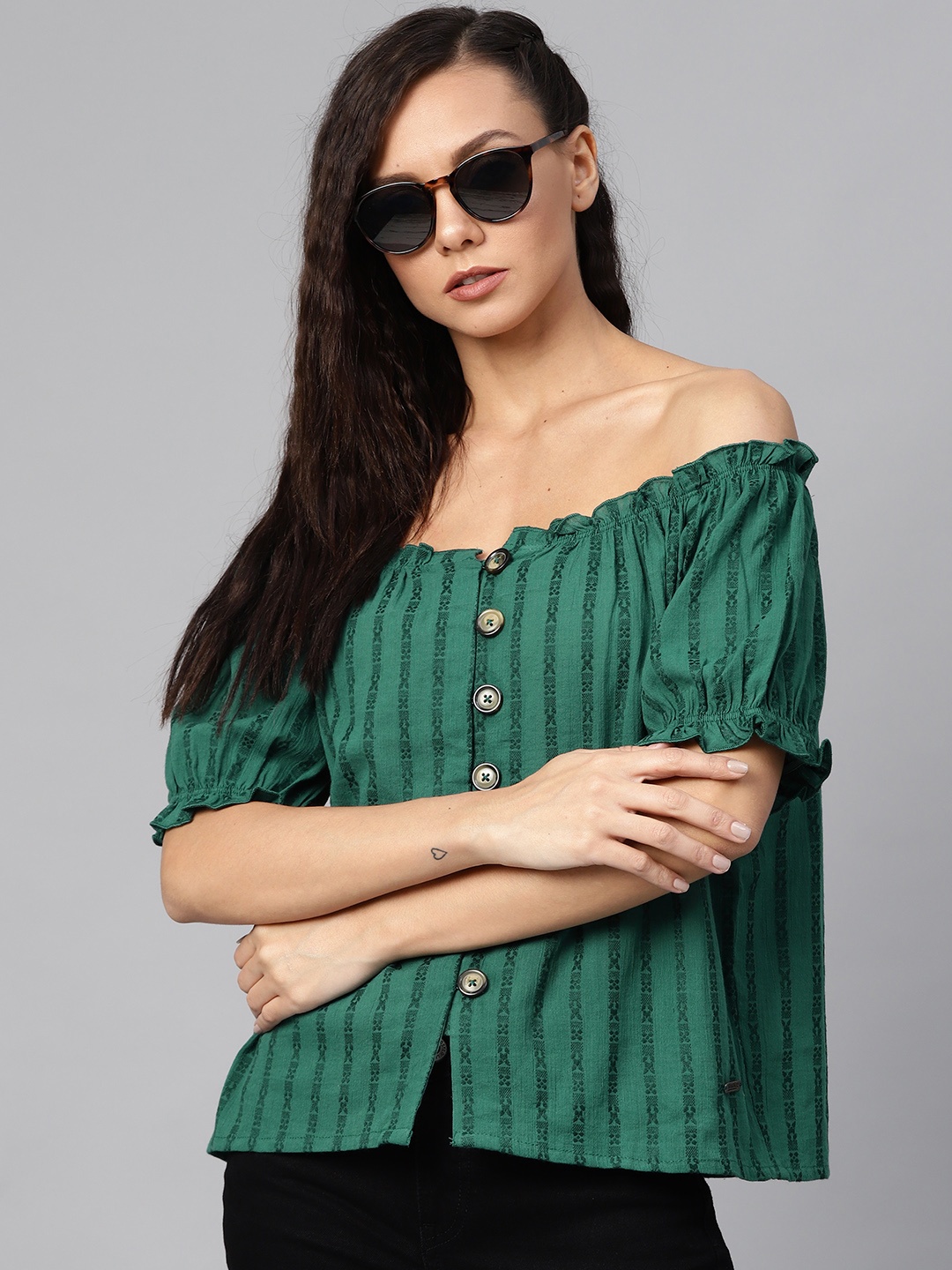 

Roadster Women Green Striped Bardot Top
