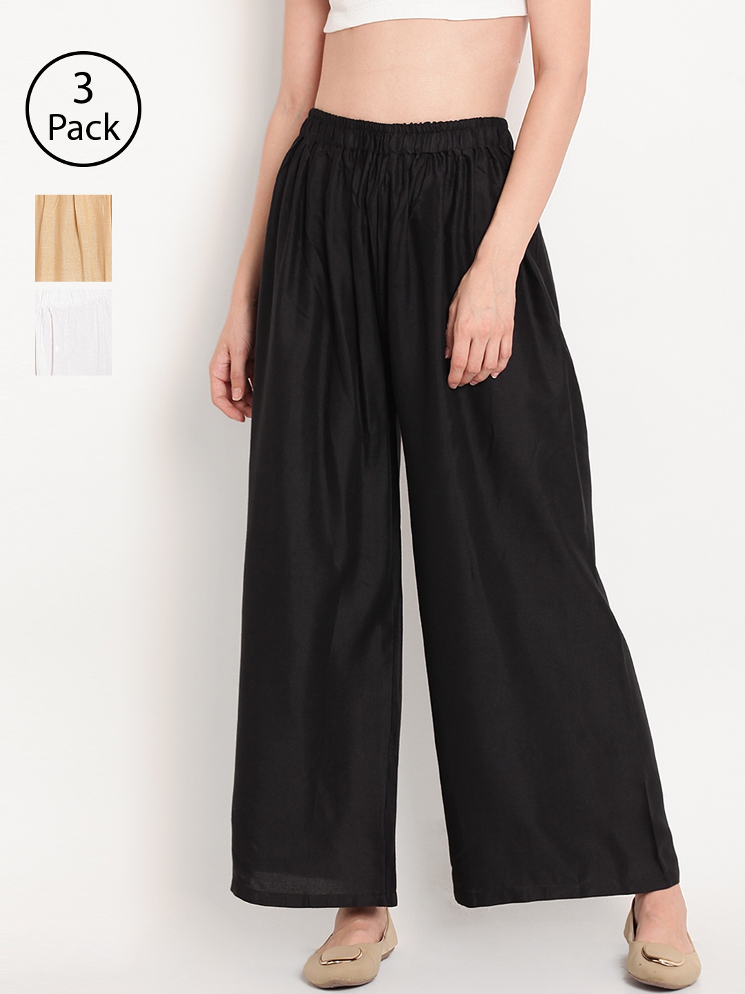 

TAG 7 Women Pack of 3 Solid Wide Leg Palazzos, Black