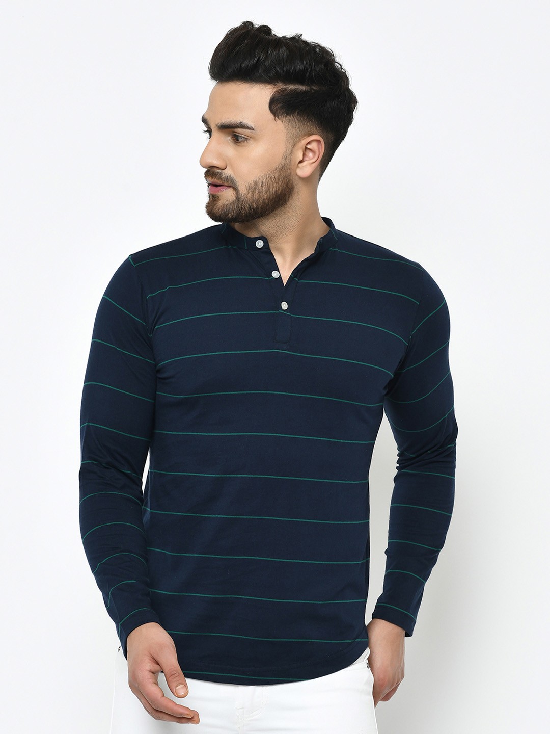 

Rigo Men Blue Striped Cotton T-shirt