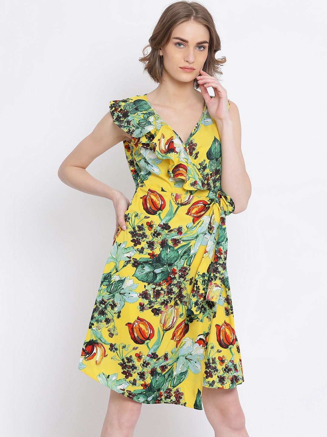 

Oxolloxo Women Yellow Printed Wrap Dress