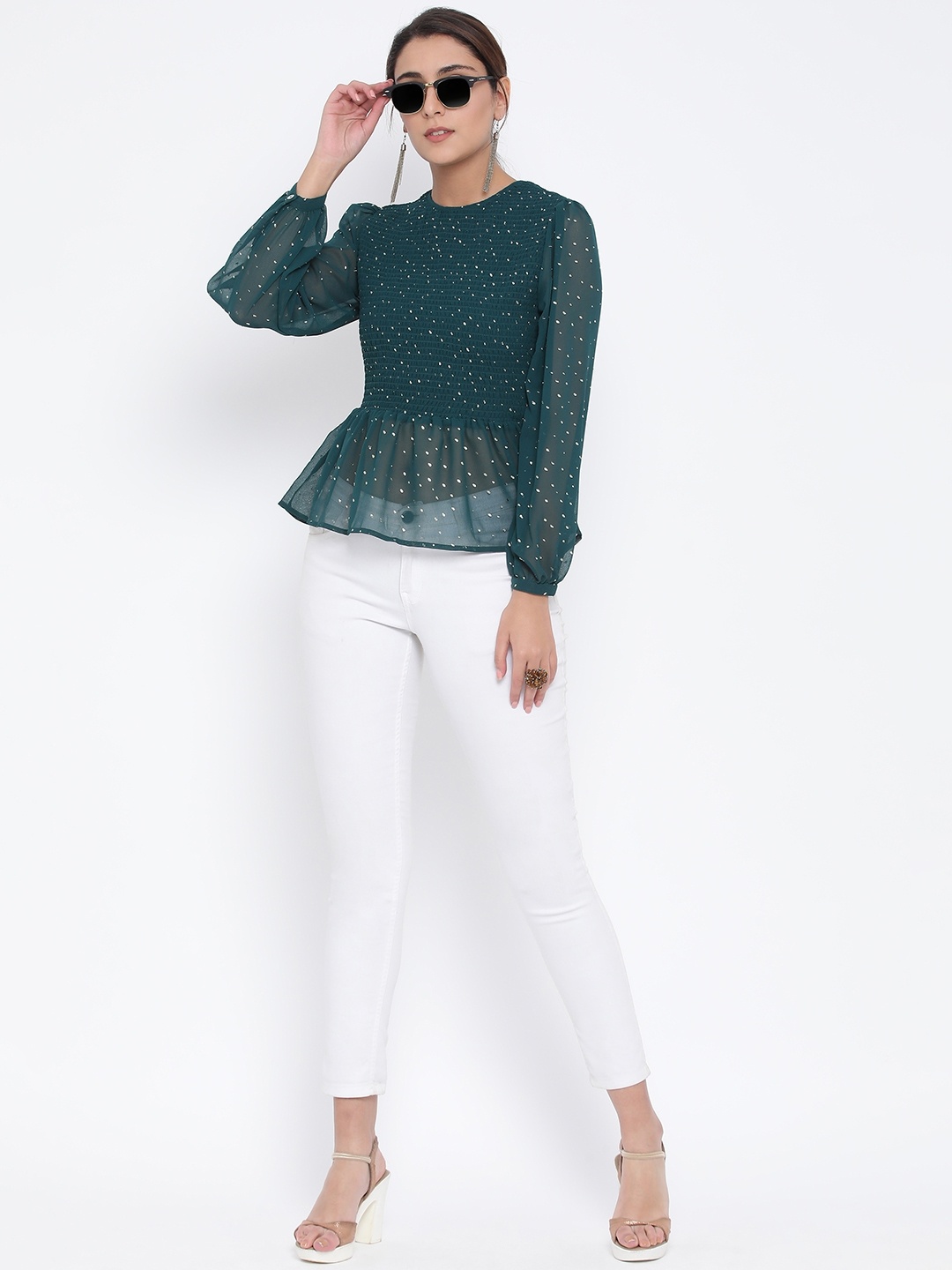 

Oxolloxo Women Green Printed Peplum Top
