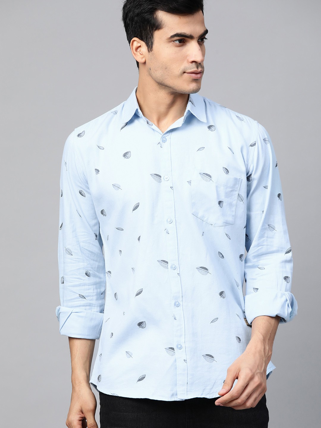 

DENNISON Men Blue & Black Comfort Slim Fit Leaf Print Casual Shirt