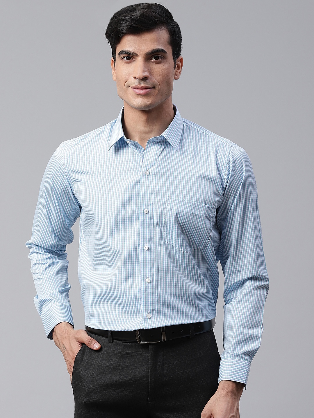 

DENNISON Men White & Turquoise Blue Smart Slim Fit Checked Formal Shirt