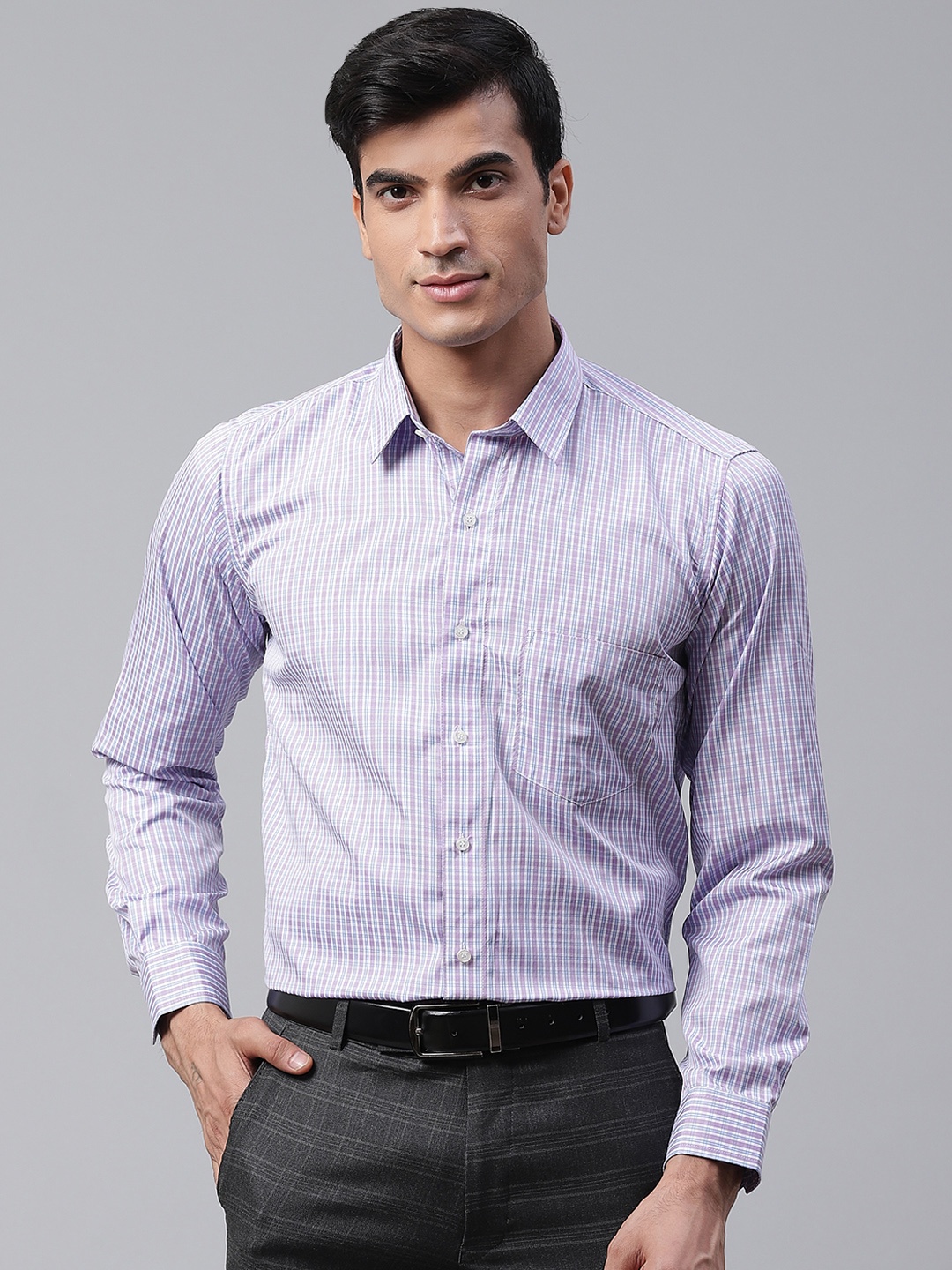 

DENNISON Men White & Lavender Smart Slim Fit Checked Formal Shirt