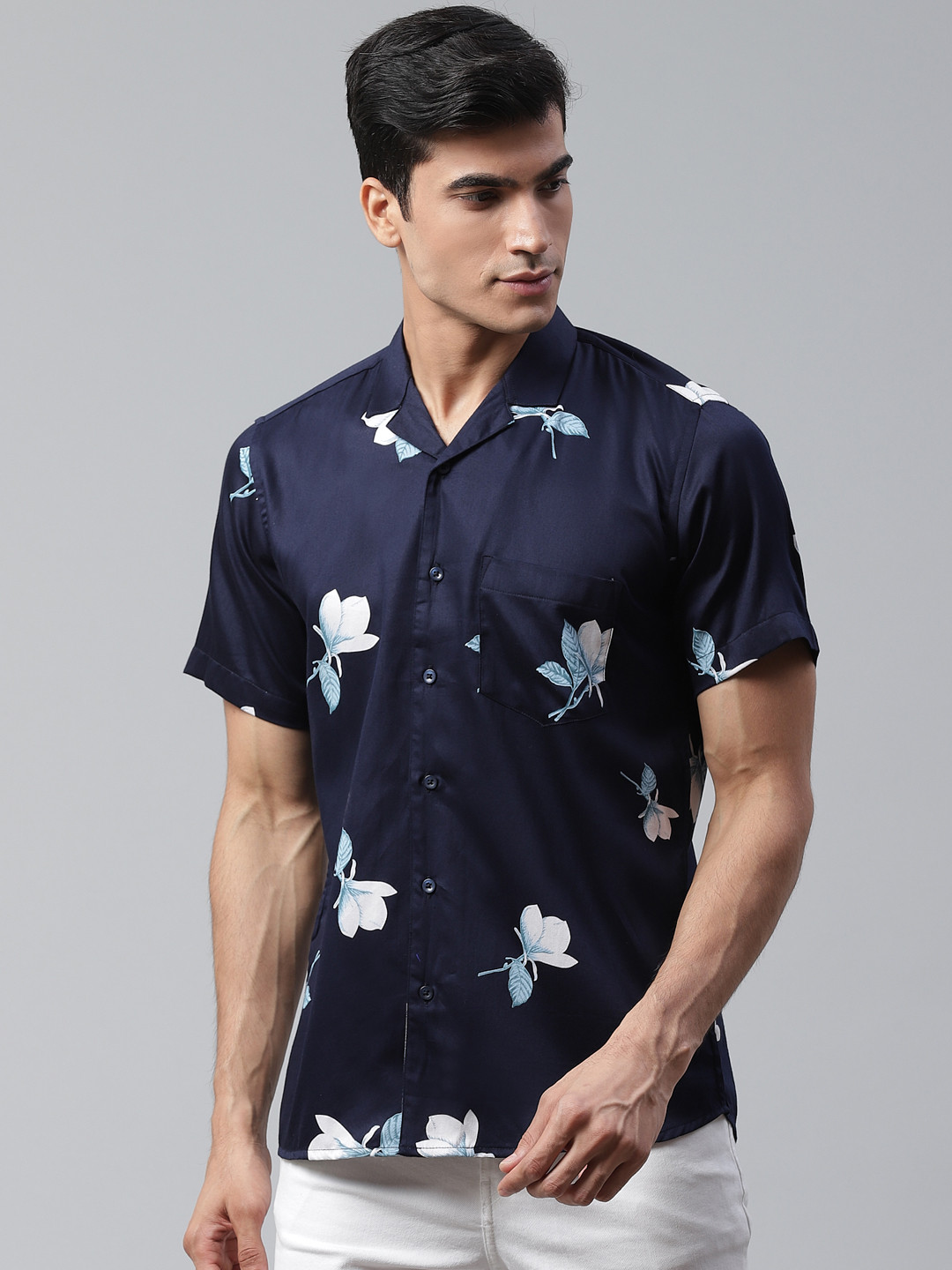 

DENNISON Men Navy Blue & White Comfort Slim Fit Floral Print Casual Shirt