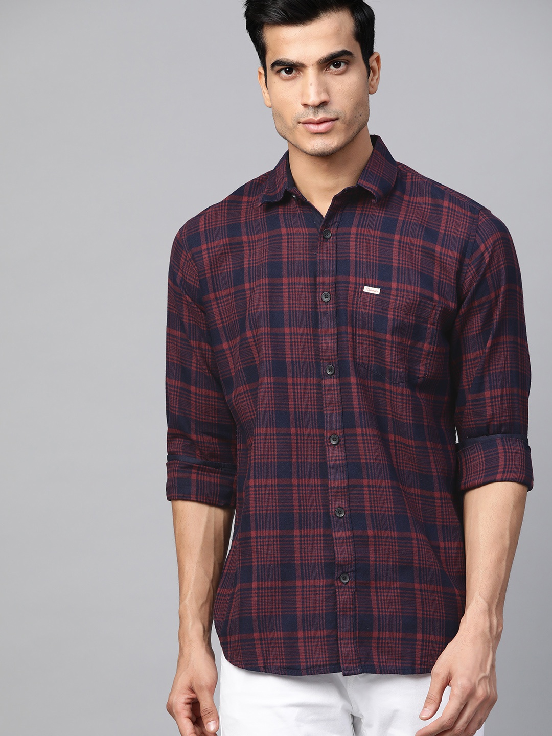 

DENNISON Men Navy Blue & Burgundy Smart Slim Fit Tartan Checked Casual Shirt