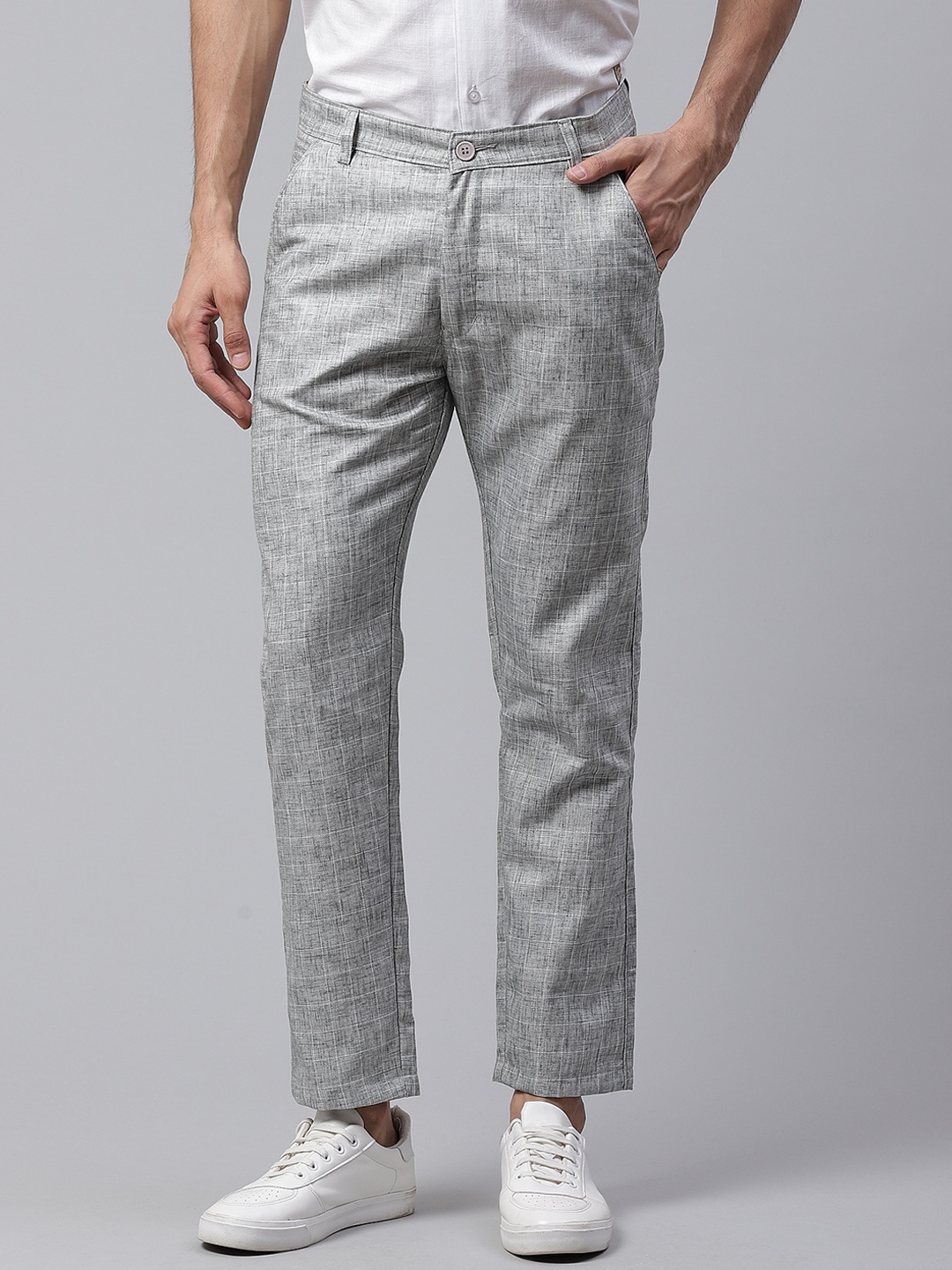 

DENNISON Men Grey Melange & Olive Green Smart Skinny Fit Checked Chinos