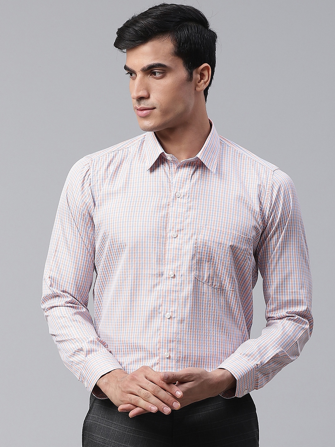 

DENNISON Men White & Coral Orange Smart Slim Fit Checked Formal Shirt