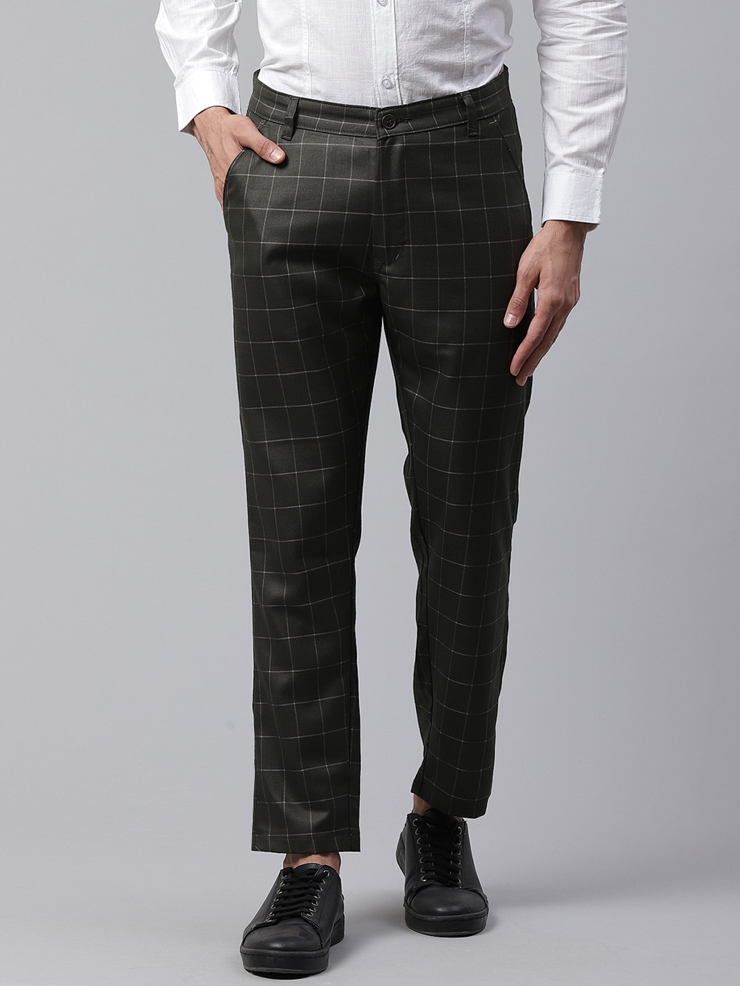 

DENNISON Men Olive Green & Beige Smart Skinny Fit Checked Chinos