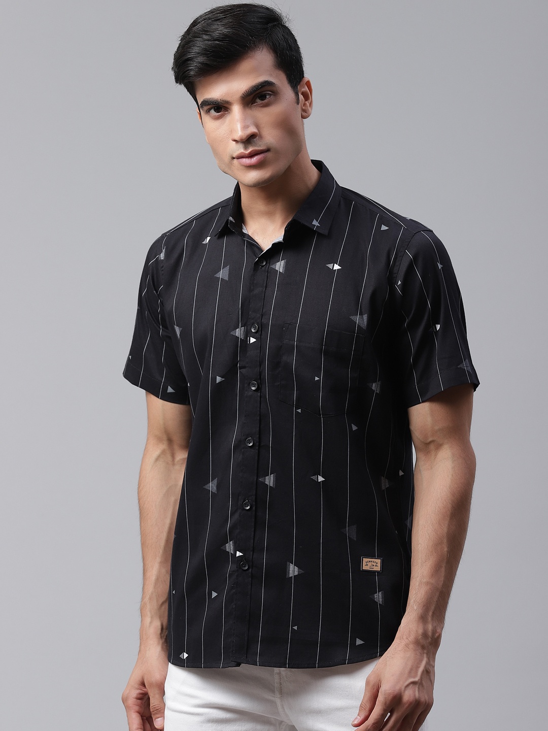 

DENNISON Men Black Comfort Slim Fit Striped Casual Shirt with Geometric Print Detail