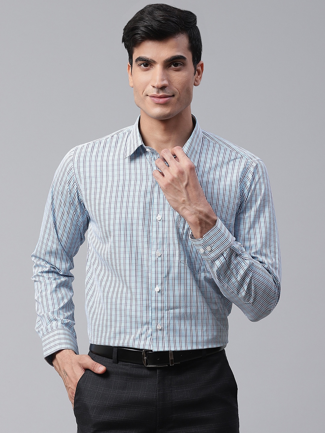 

DENNISON Men White & Sea Green Smart Slim Fit Checked Formal Shirt