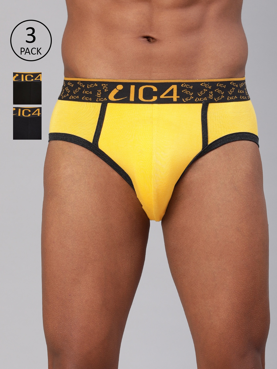 

IC4 Pack of 3 Men's Yellow and Black Solid Fashion Brief