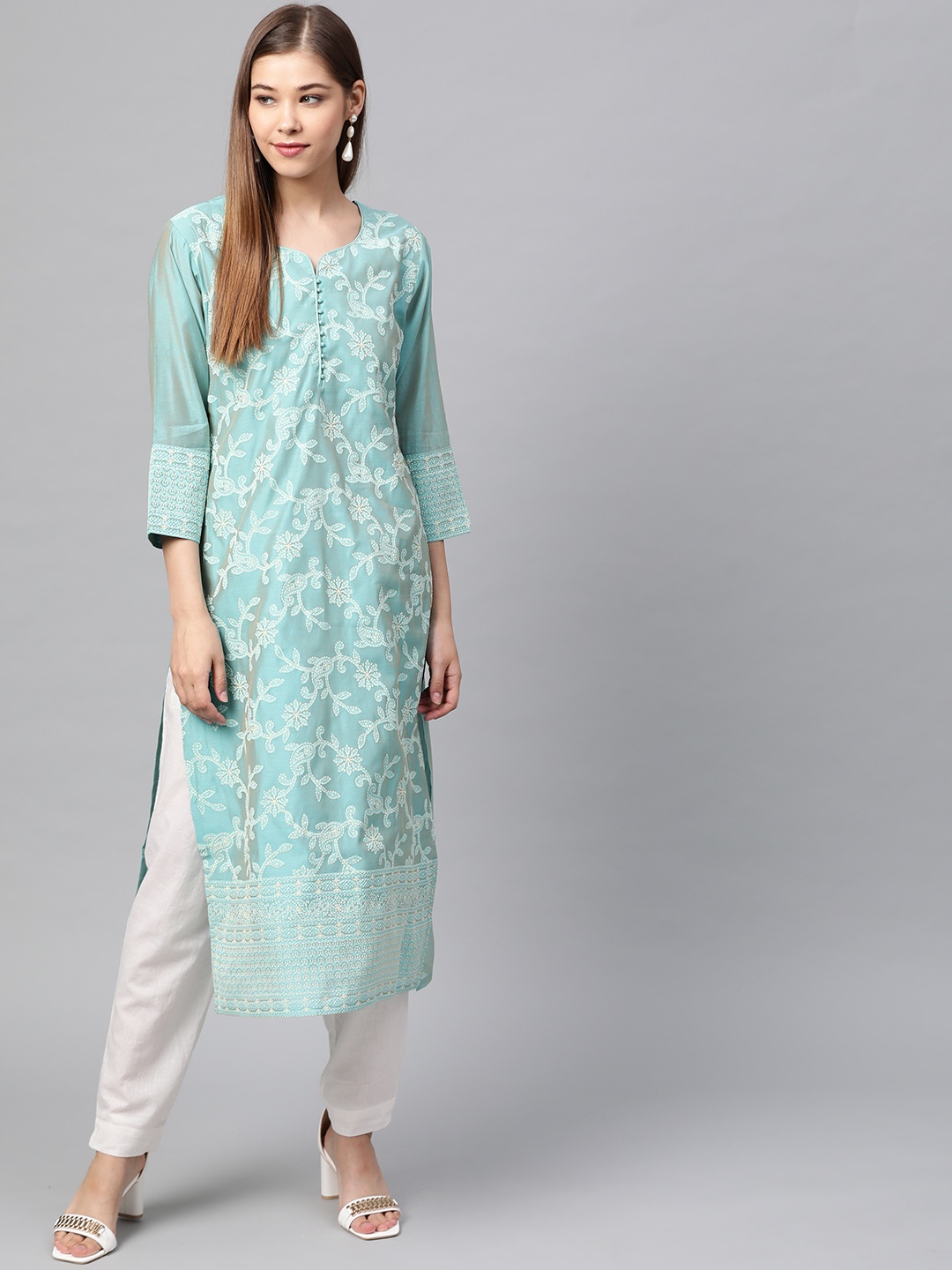 

Varanga Women Sea Green & Off-White Chikankari Print Straight Kurta