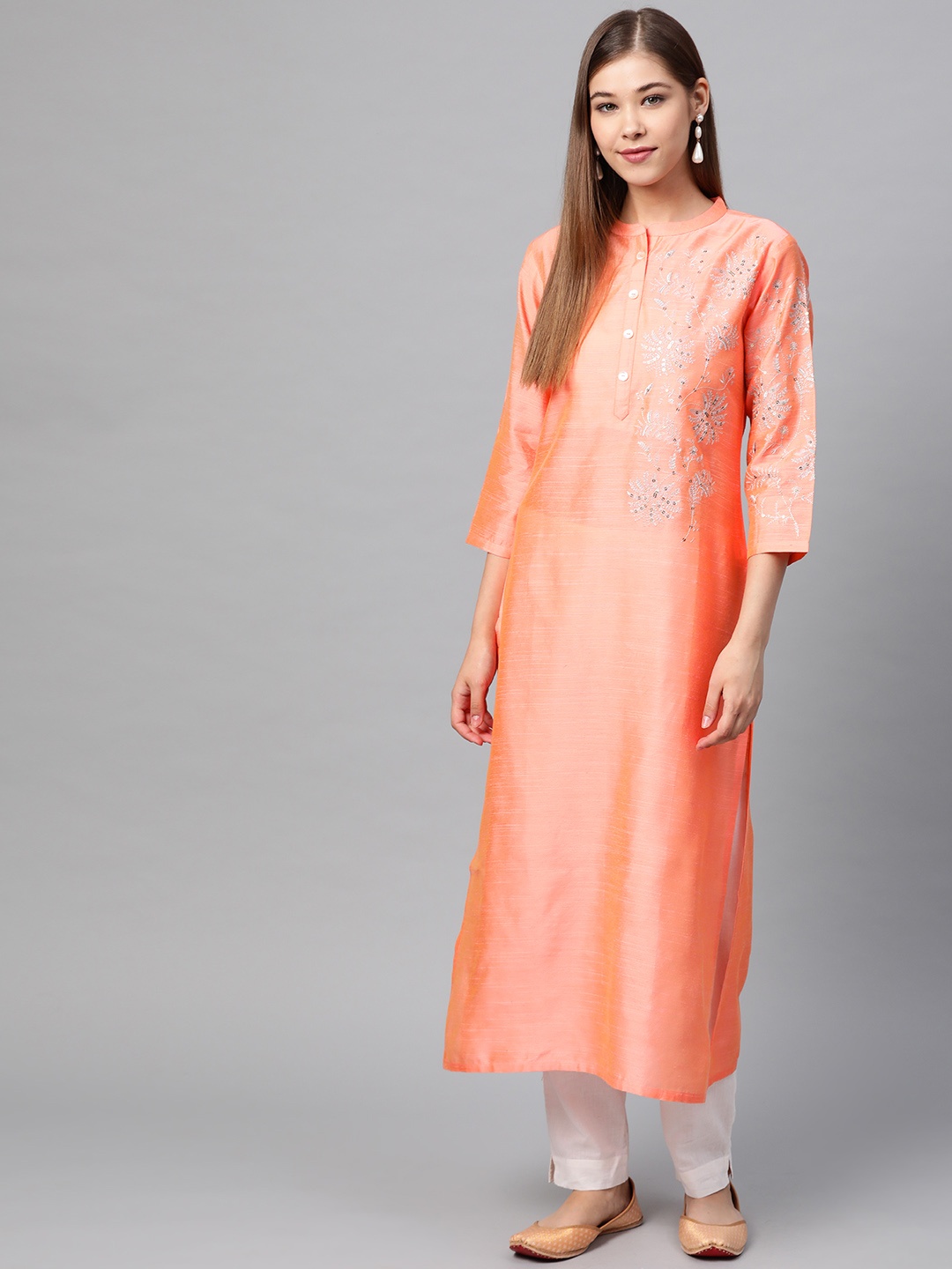 

Varanga Women Peach-Coloured & Blue Embroidered Straight Kurta