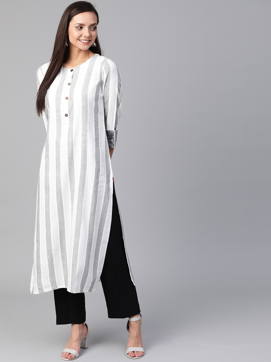 

KSUT Women White & Grey Striped Straight Kurta