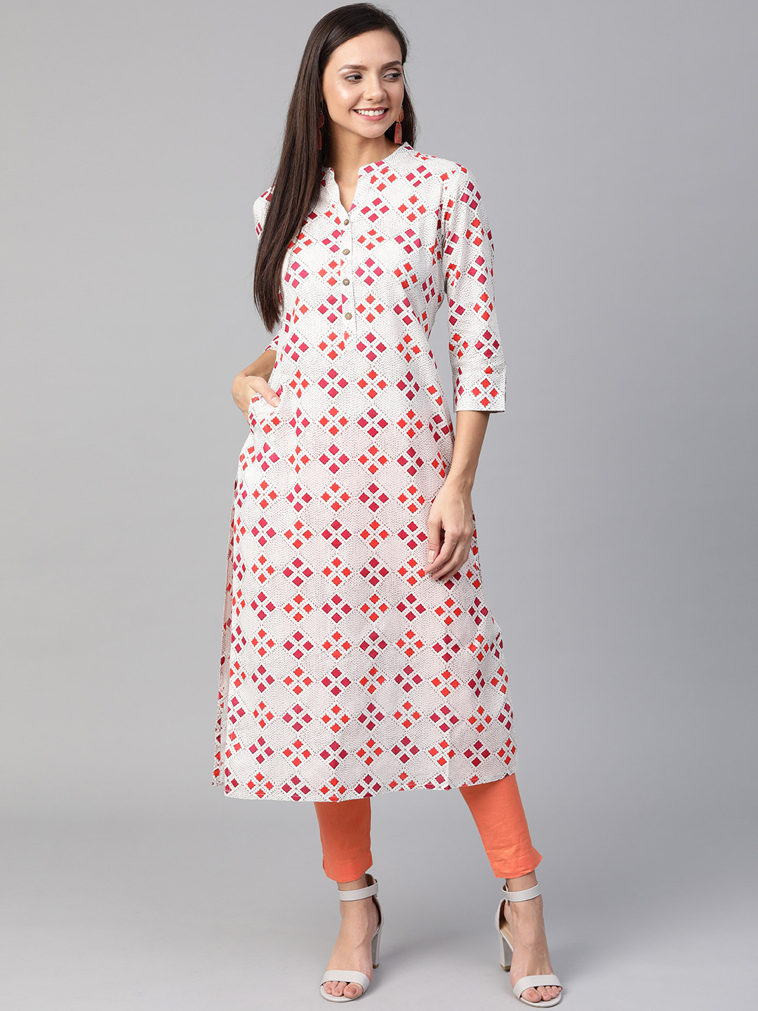 

KSUT Women Off-White & Red Printed Straight Kurta