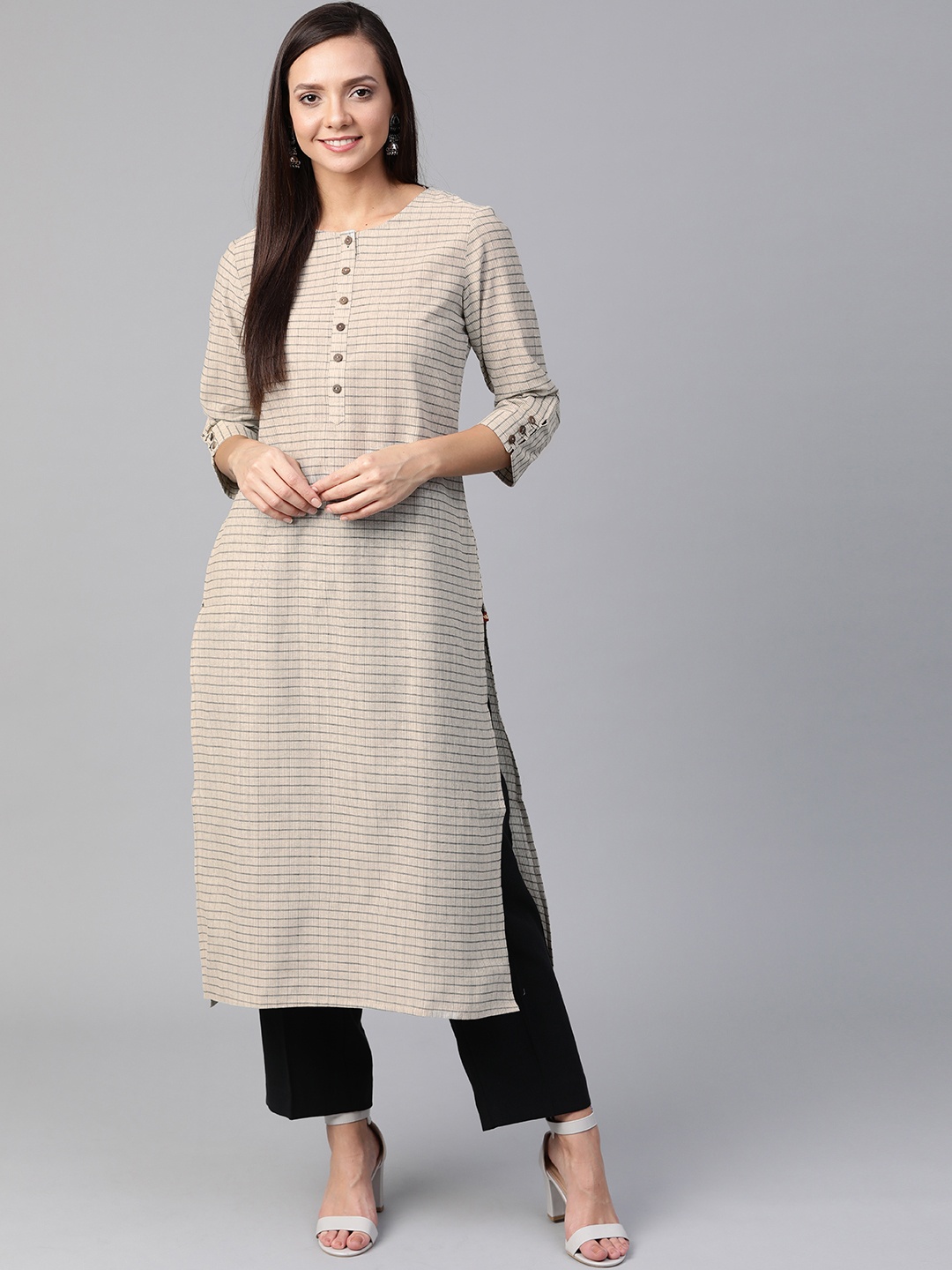 

KSUT Women Beige & Black Checked Straight Kurta
