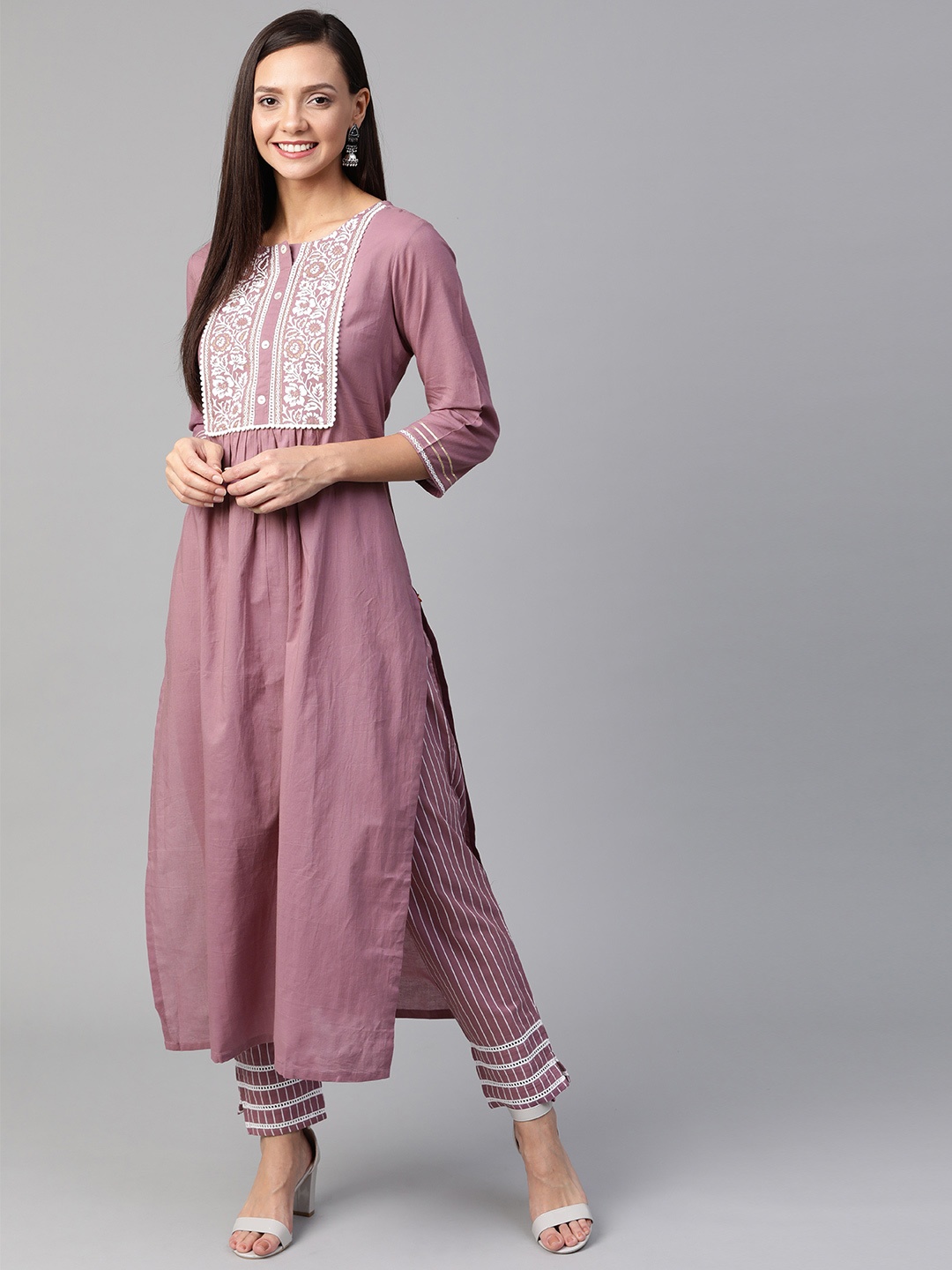 

KSUT Women Mauve & White Yoke Design Kurta with Trousers