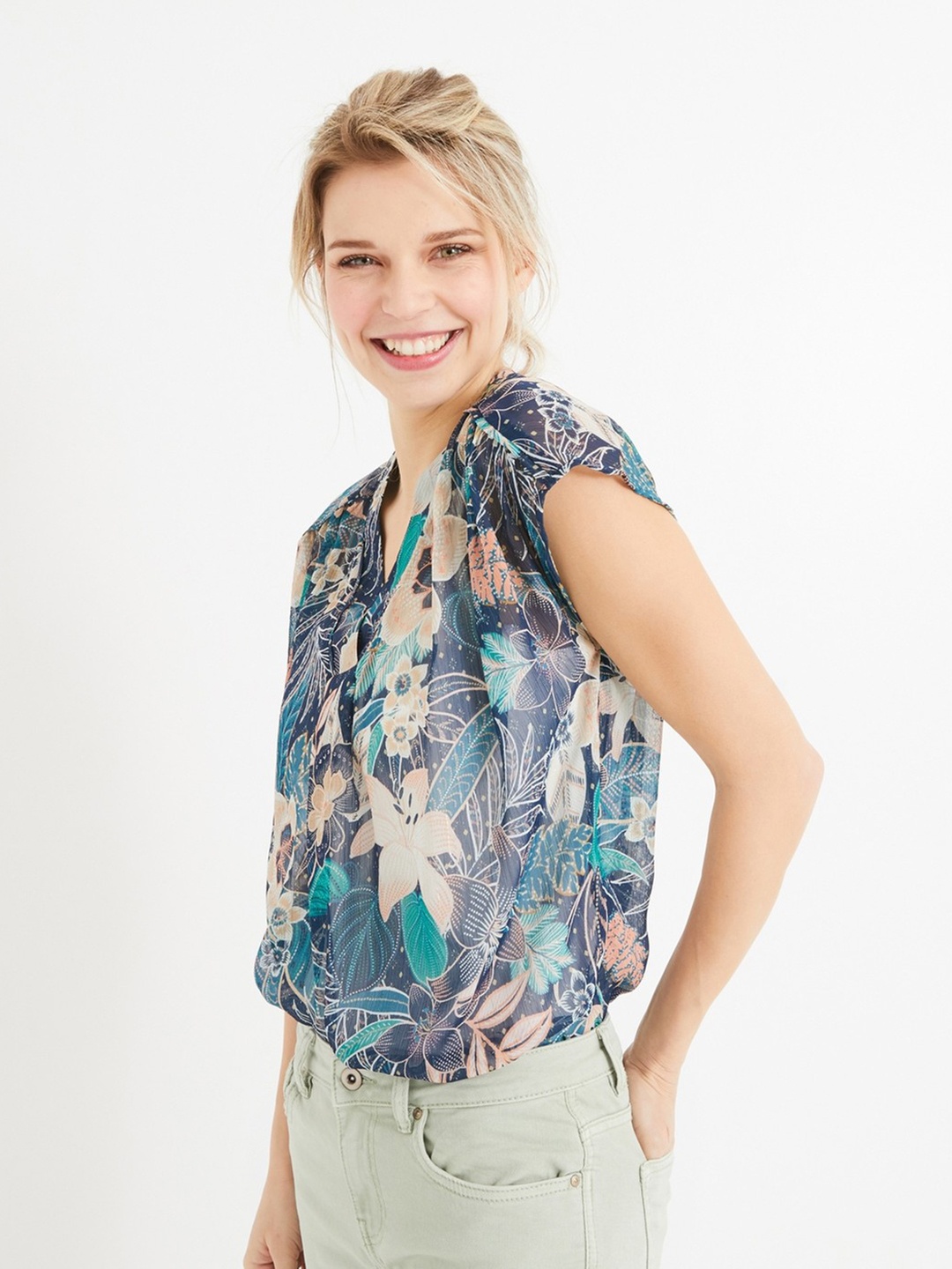 

promod Women Navy Blue & Beige Printed Top