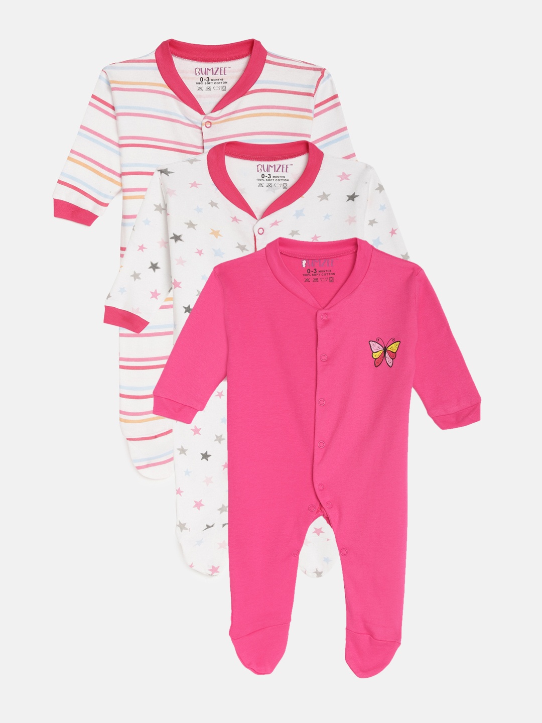 

Bumzee Unisex Kids Pack of 3 Multicoloured Sleepsuits, Pink