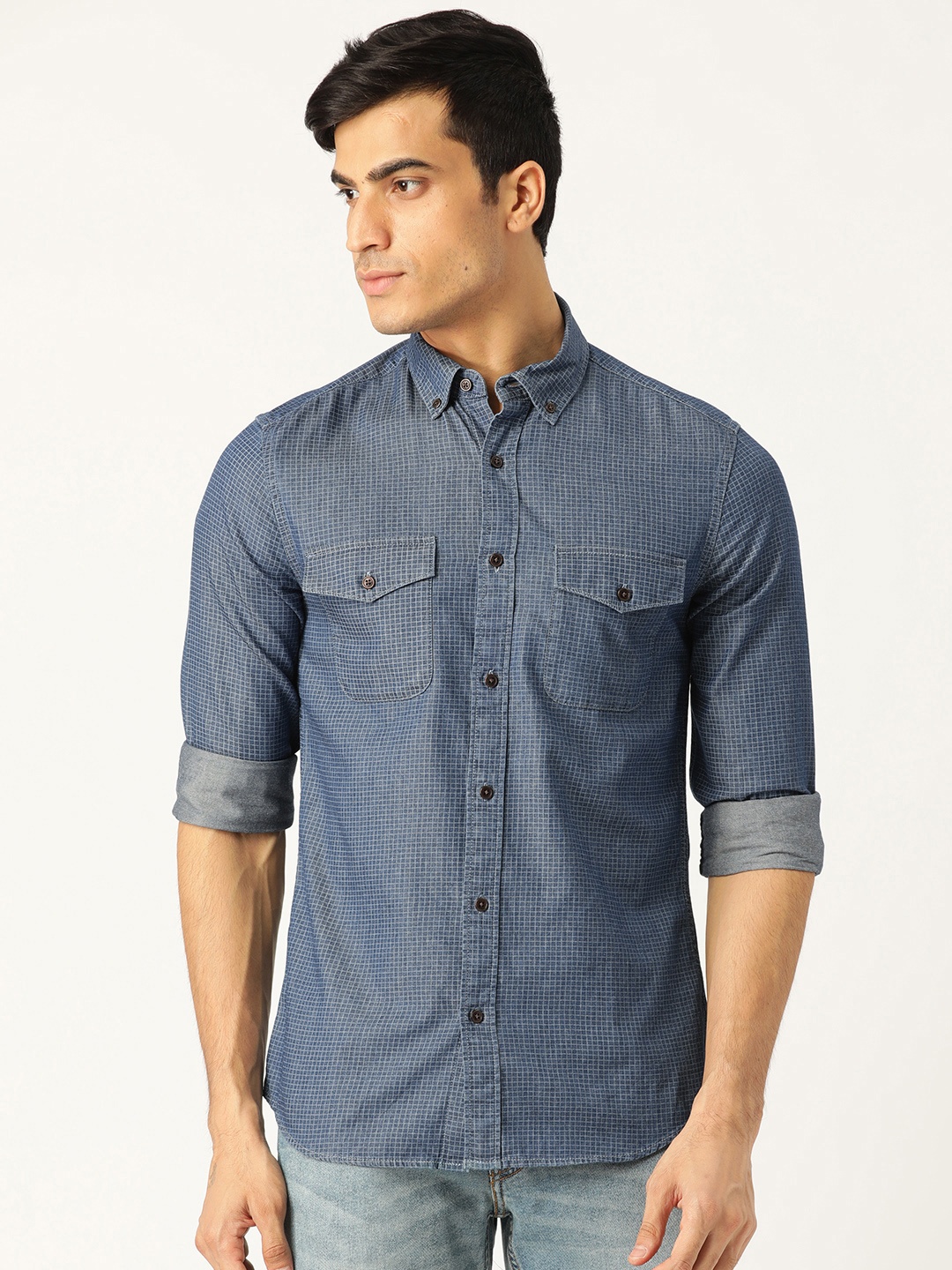 

Marks & Spencer Men Blue Regular Fit Checked Casual Shirt