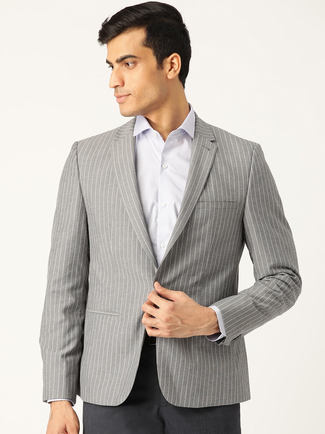 

Marks & Spencer Men Grey Skinny Fit Striped Single-Breasted Formal Blazer