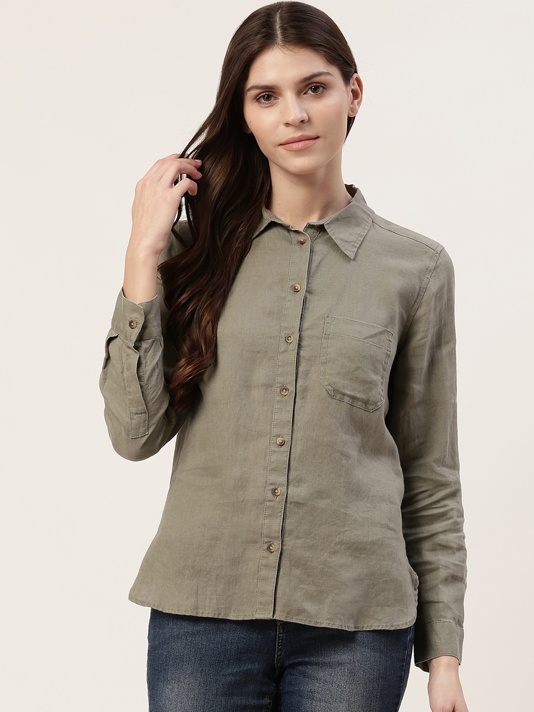 

Marks & Spencer Women Olive Green Linen Solid Casual Shirt