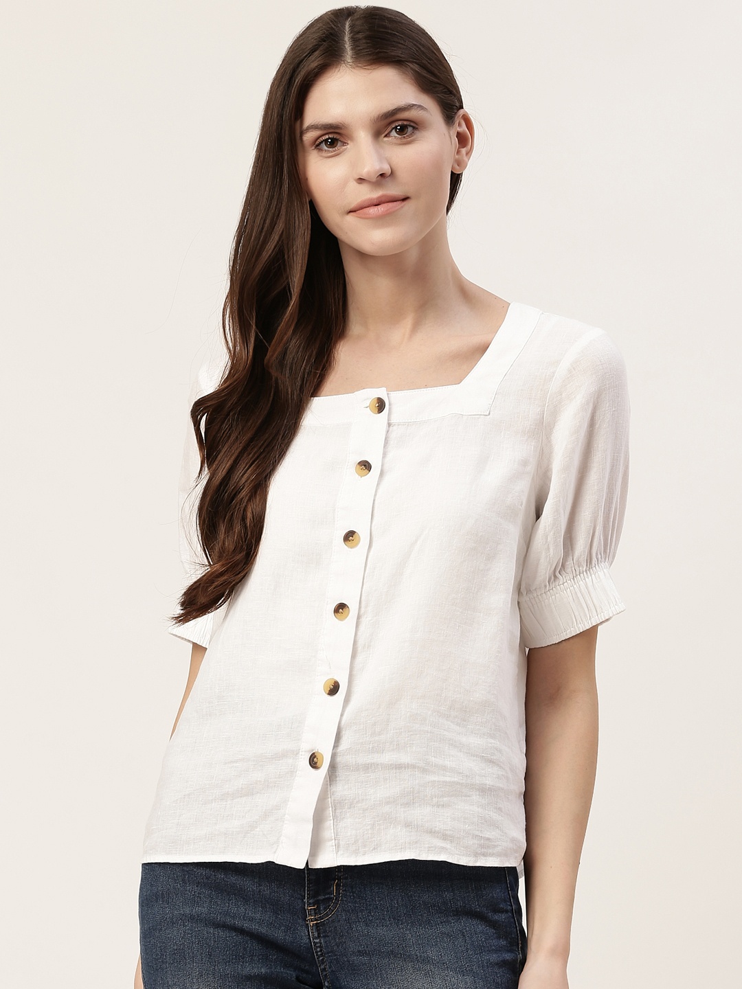 

Marks & Spencer Women Linen White Solid Top