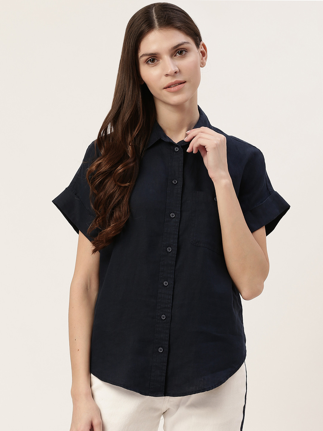 

Marks & Spencer Women Navy Blue Linen Solid Casual Shirt