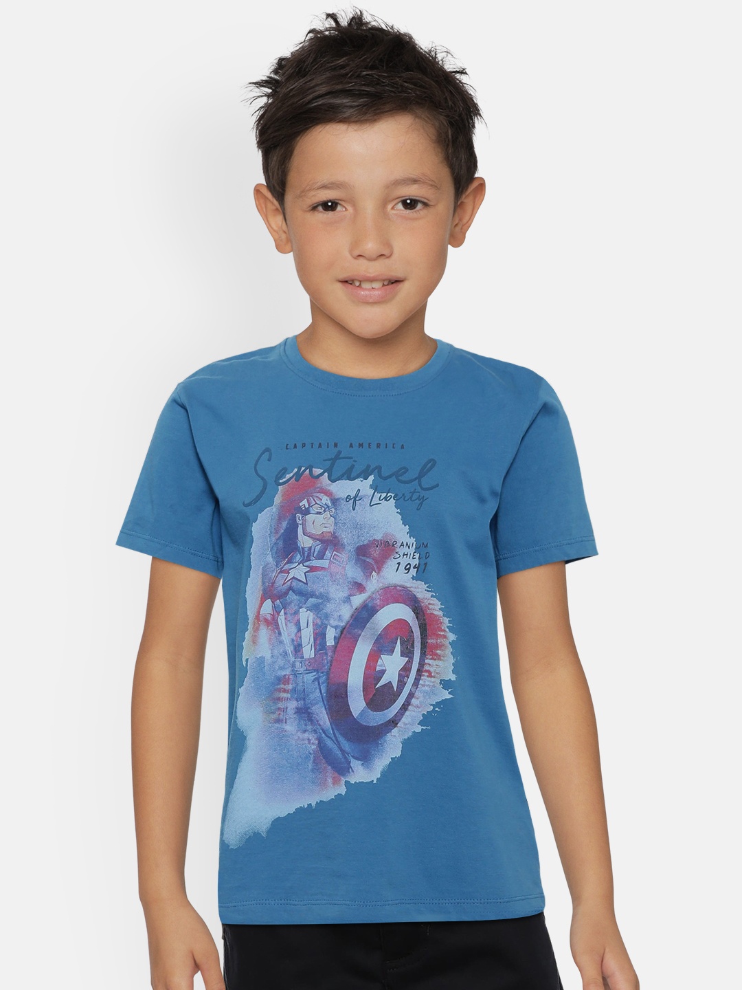 

Pepe Jeans Boys Blue Captain America Print Round Neck Pure Cotton T-shirt