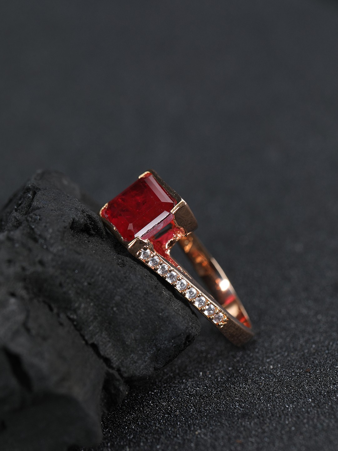 

Priyaasi Women Red Rose Gold-Plated AD-Studded Handcrafted Finger Ring