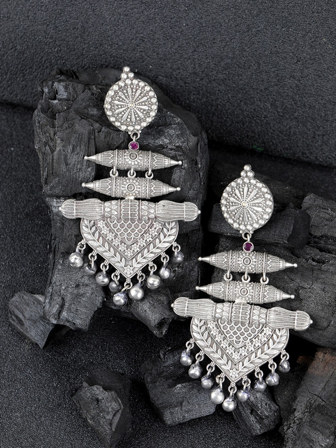 

Priyaasi Oxidised Silver-Plated Stone-Studded Classic Drop Earrings