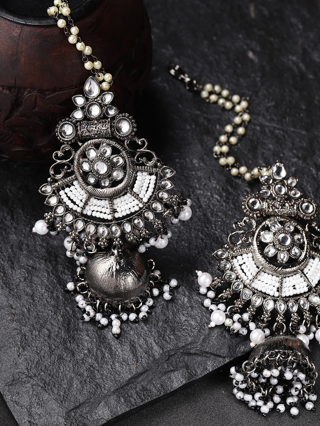 

Priyaasi Oxidised Silver-Toned Rhodium-Plated Kundan Studded & Beaded Dome Shaped Jhumkas