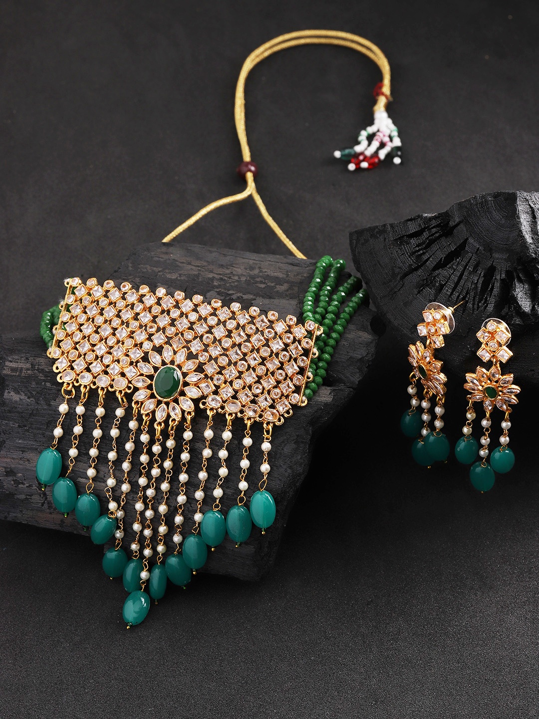 

Priyaasi Green Gold-Plated CZ-Studded & Beaded Handcrafted Choker Jewellery Set