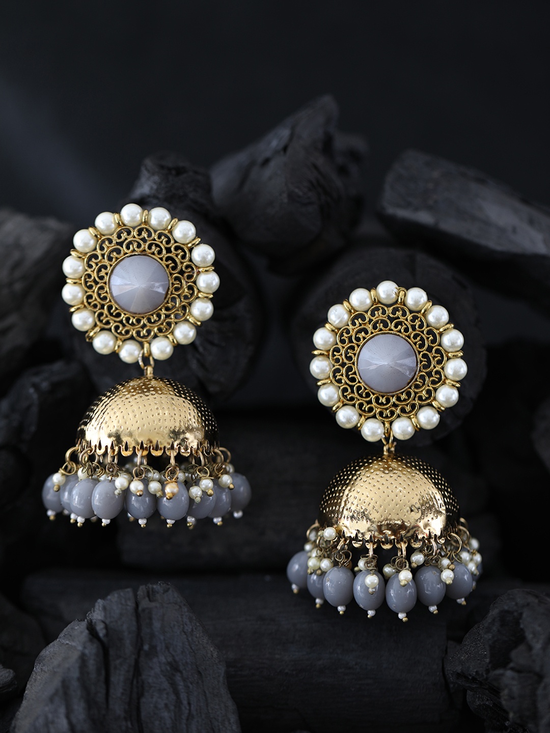 

Priyaasi Grey Gold-Plated Beaded Dome Shaped Jhumkas