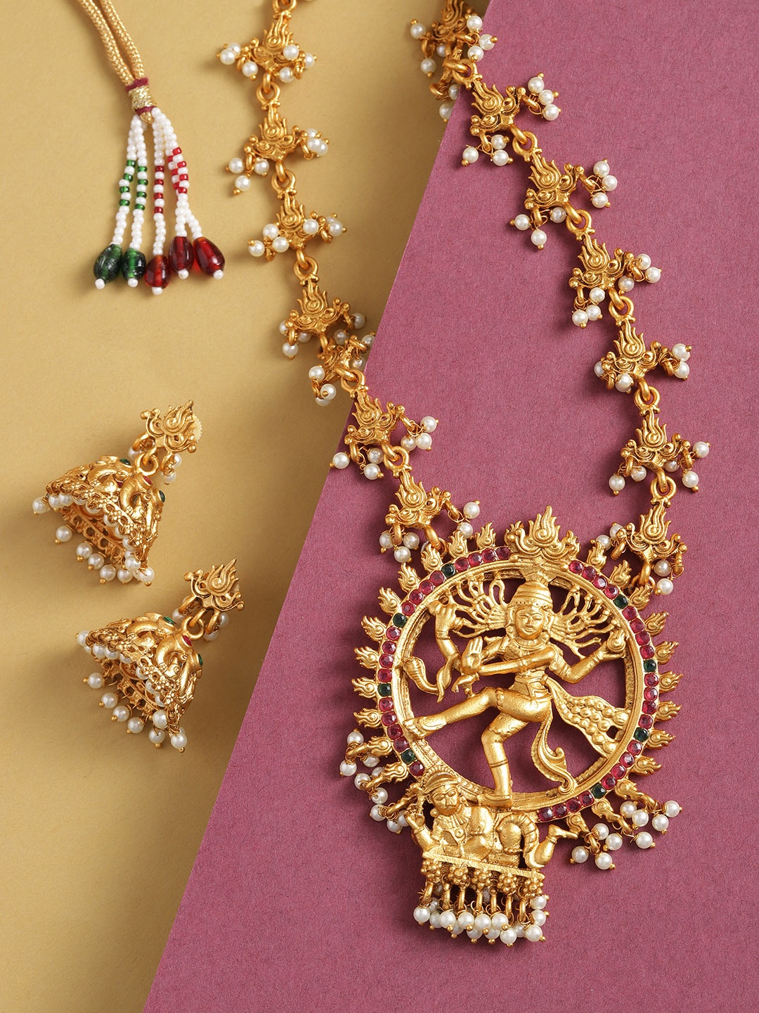 

Priyaasi Antique Gold-Plated Stone-Studded & Beaded Goddess Natraj Jewellery Set