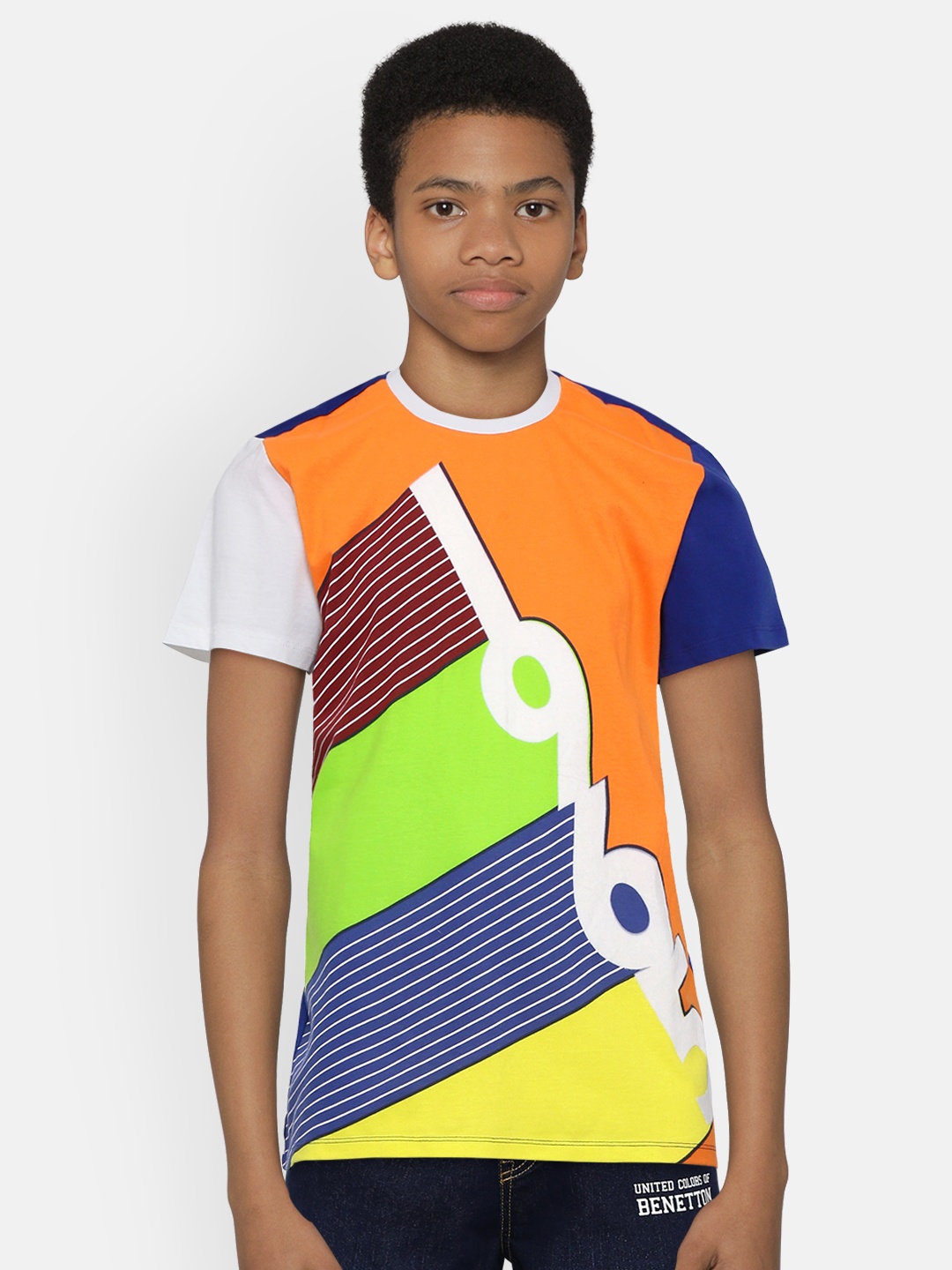 

United Colors of Benetton Boys Orange & Navy Printed Round Neck T-shirt