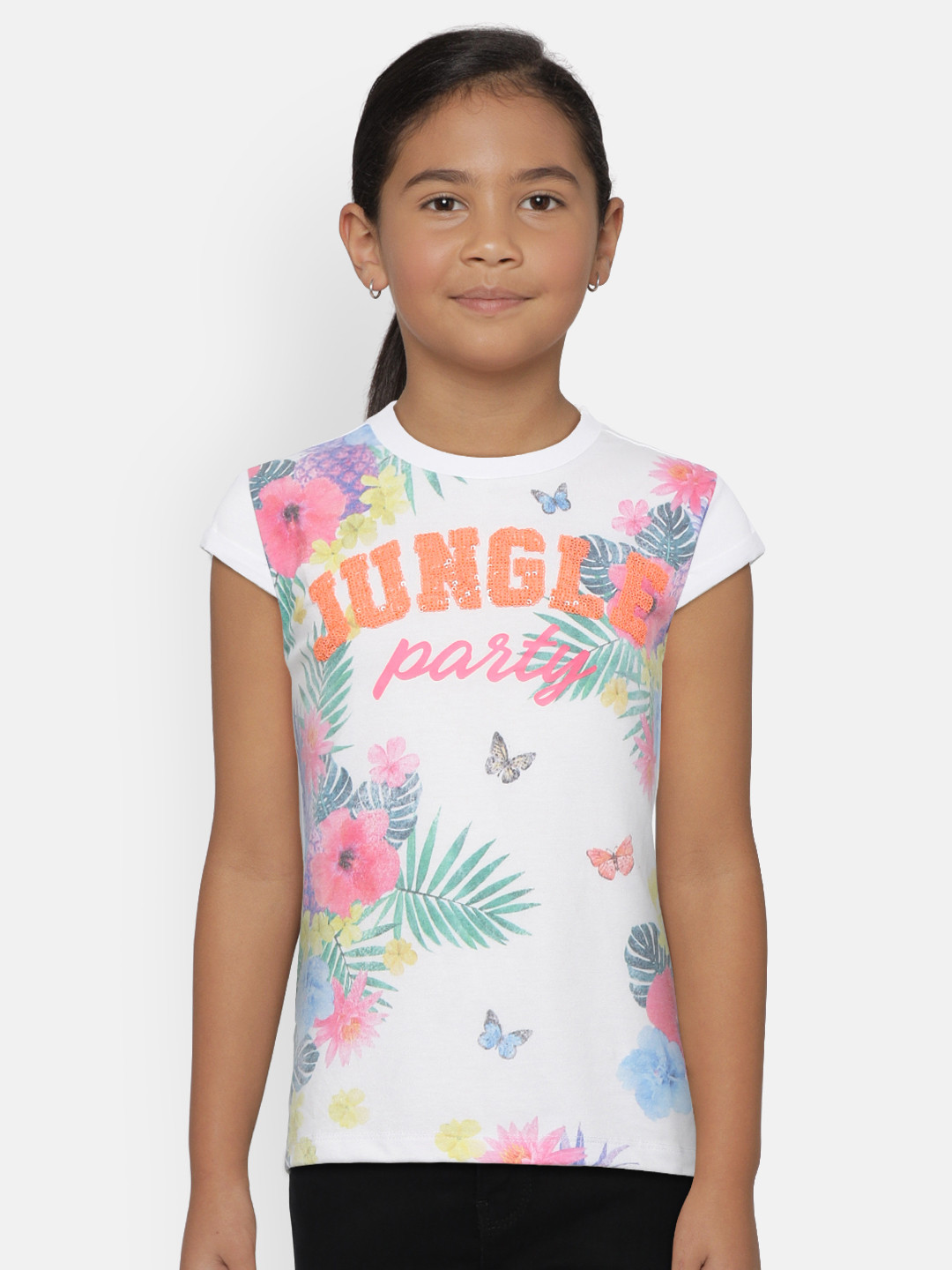 

United Colors of Benetton Girls White and Pink Floral Printed Round Neck Pure Cotton T-shirt