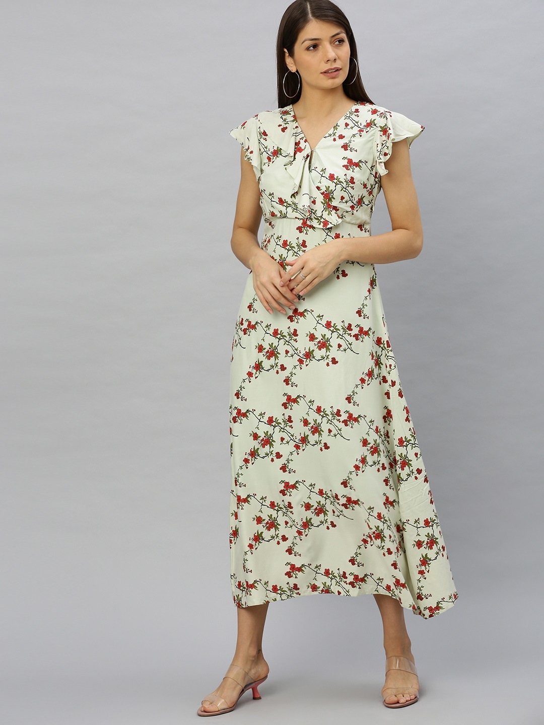 

HERE&NOW Women Green & Red Floral Ditsy Printed Ruffled A-Line Dress