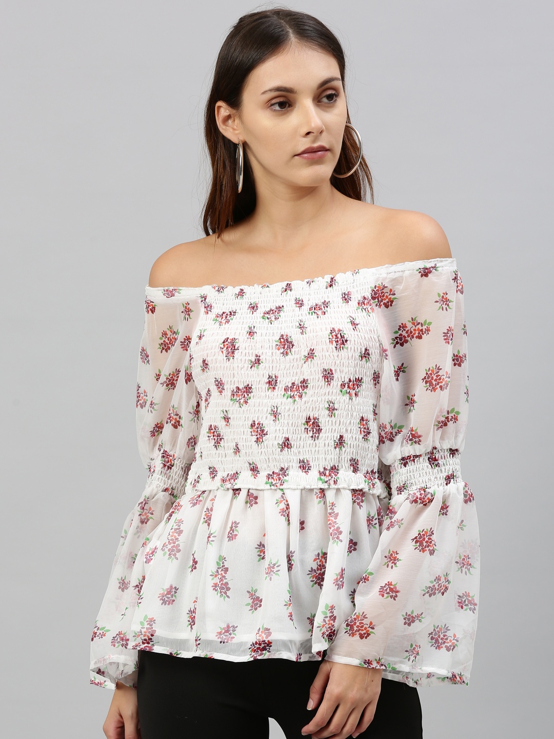 

HERE&NOW Women White & Red Floral Ditsy Printed Smocked Bardot Top